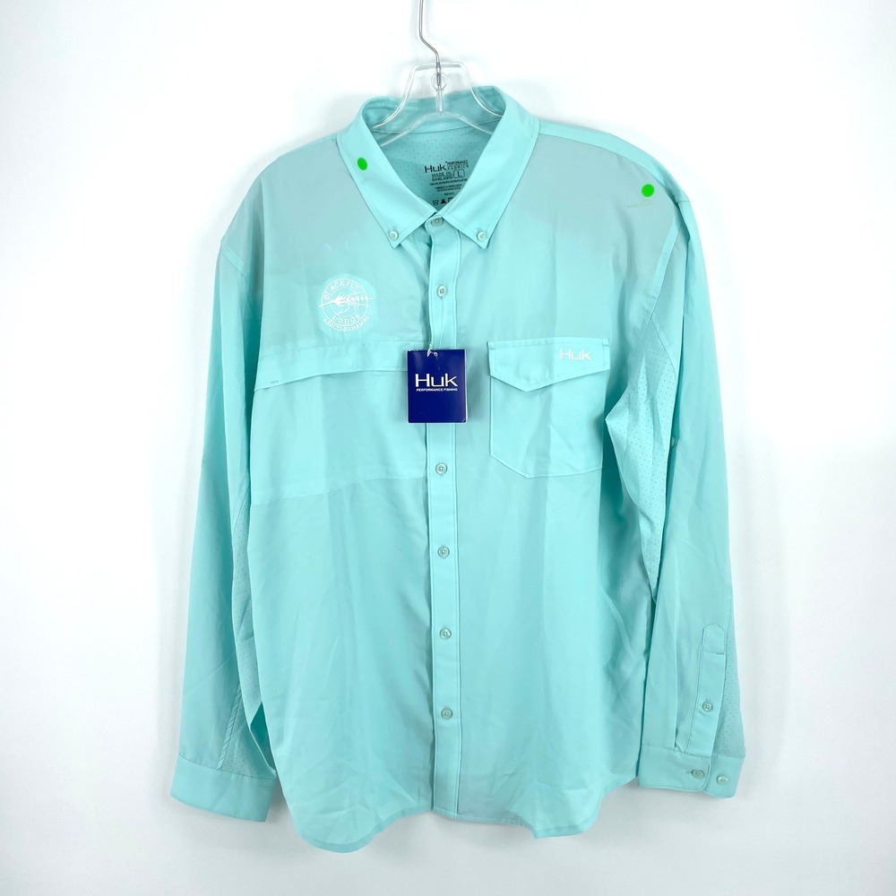 Huk Performance Fishing Shirt Mens Large Blue Long Sleeve Blackfly Lodge Bahamas